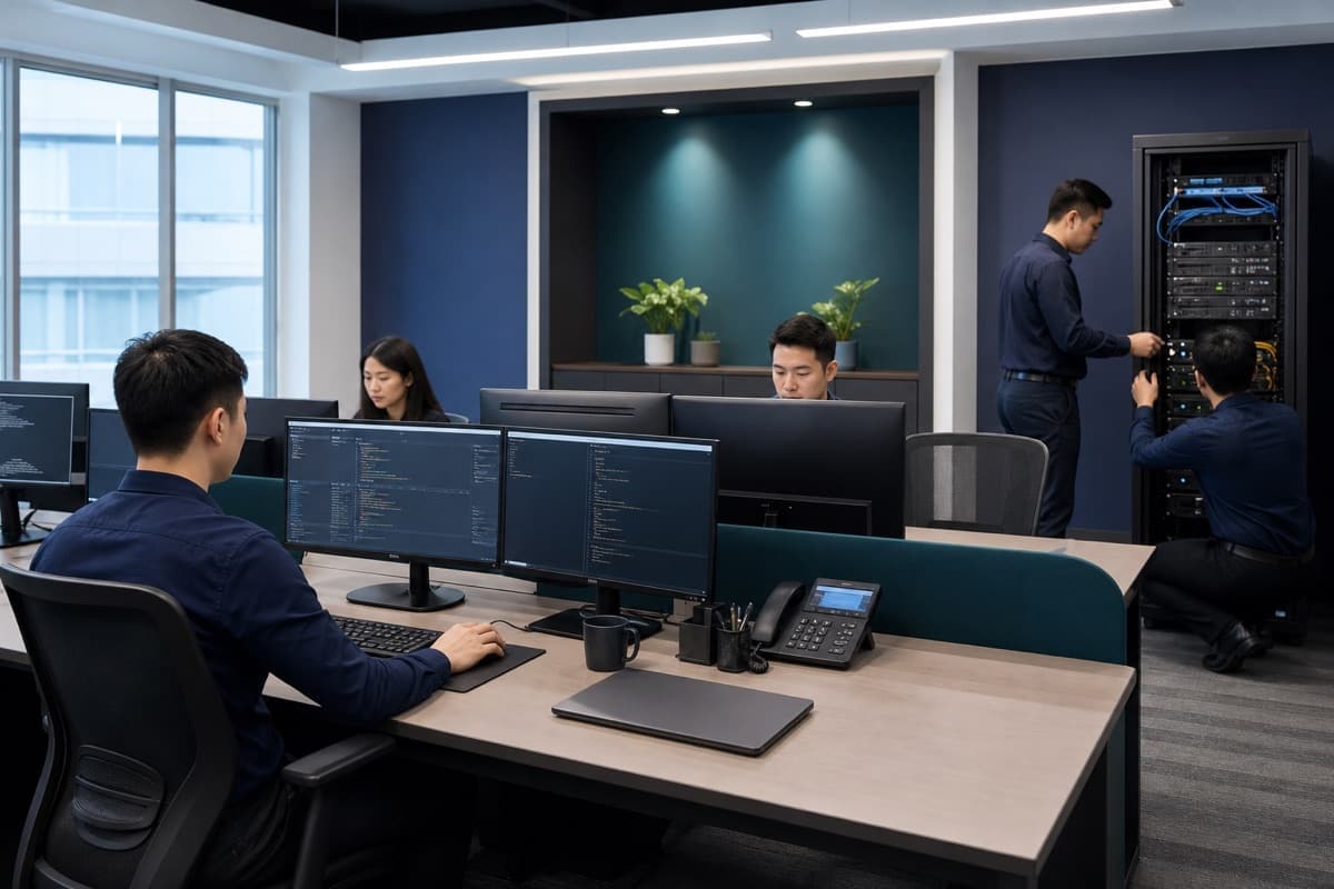 Hitech technician providing on-site IT support at a Singapore office