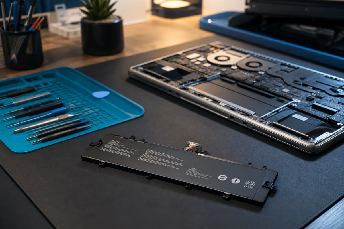 Technician replacing a laptop battery at our Singapore workshop