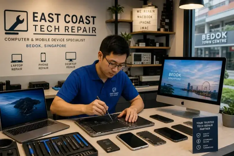 Technician repairing devices at Hitech serving Bedok area