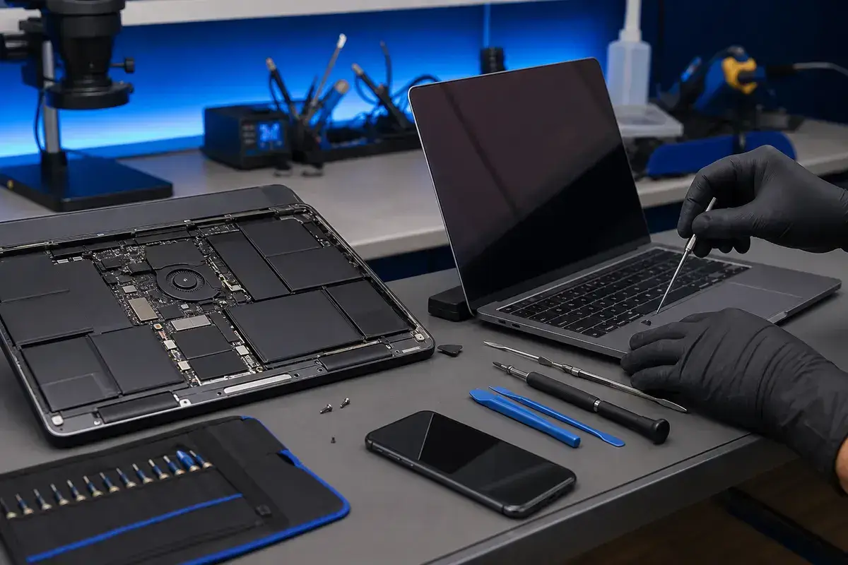 Technician repairing devices at Hitech serving Clementi area