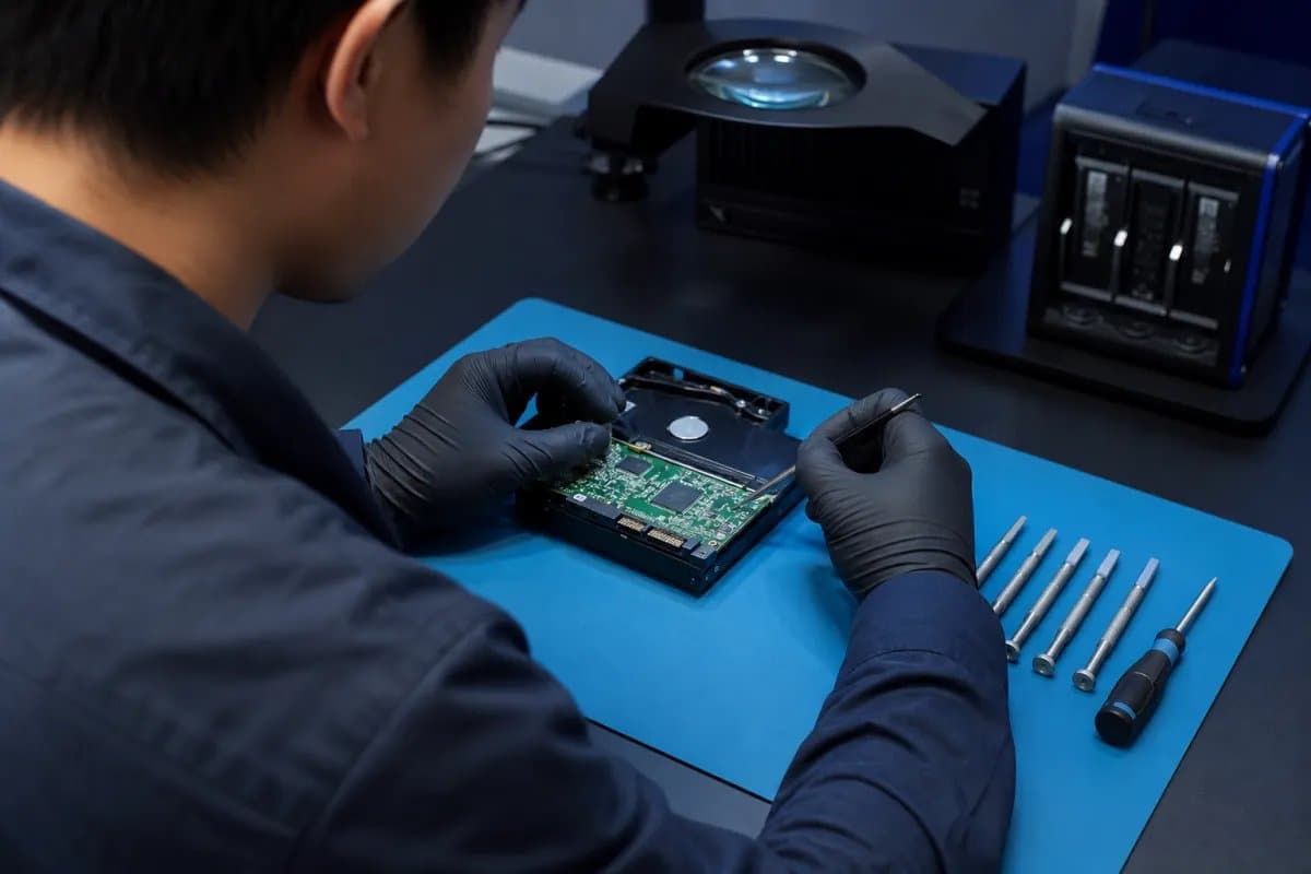 Technician repairing a laptop motherboard at our Singapore workshop