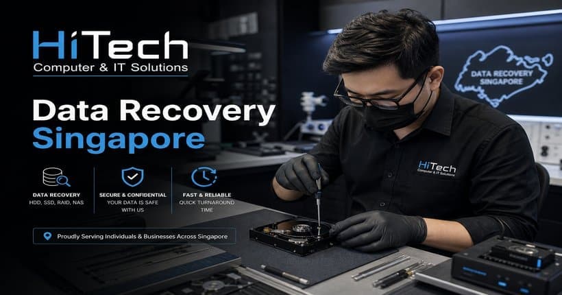 Data recovery Singapore -- HiTech Computer technician recovering data from hard drive