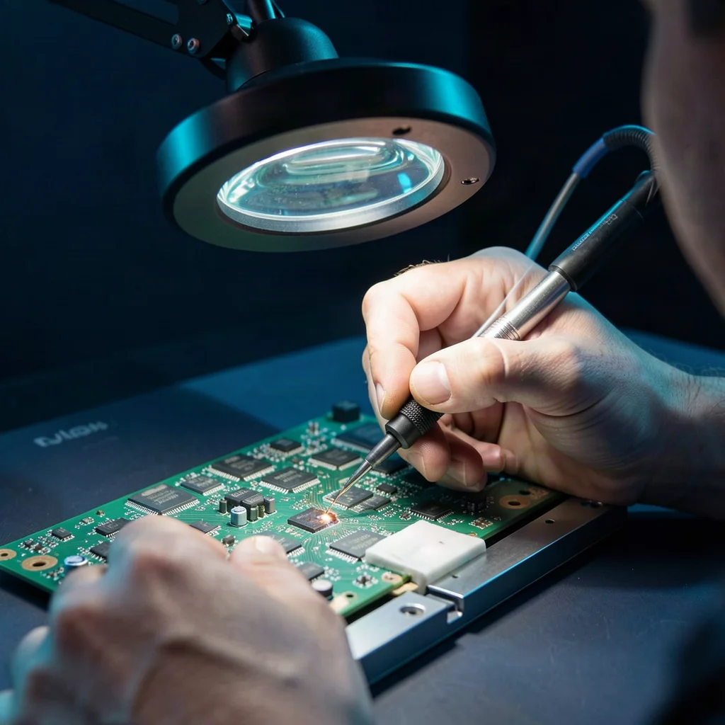 Precision micro-soldering on a MacBook logic board by a Hitech specialist