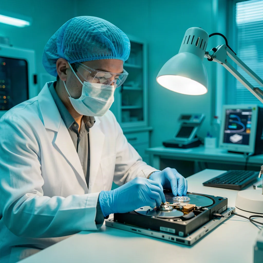Hitech data recovery specialist working in a cleanroom laboratory