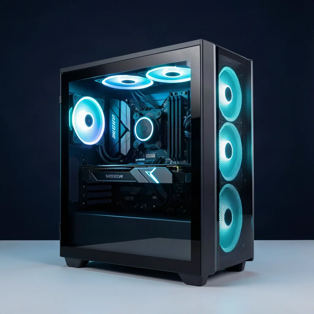 Custom-built desktop PC with glass panel and RGB cooling for gaming and workstations