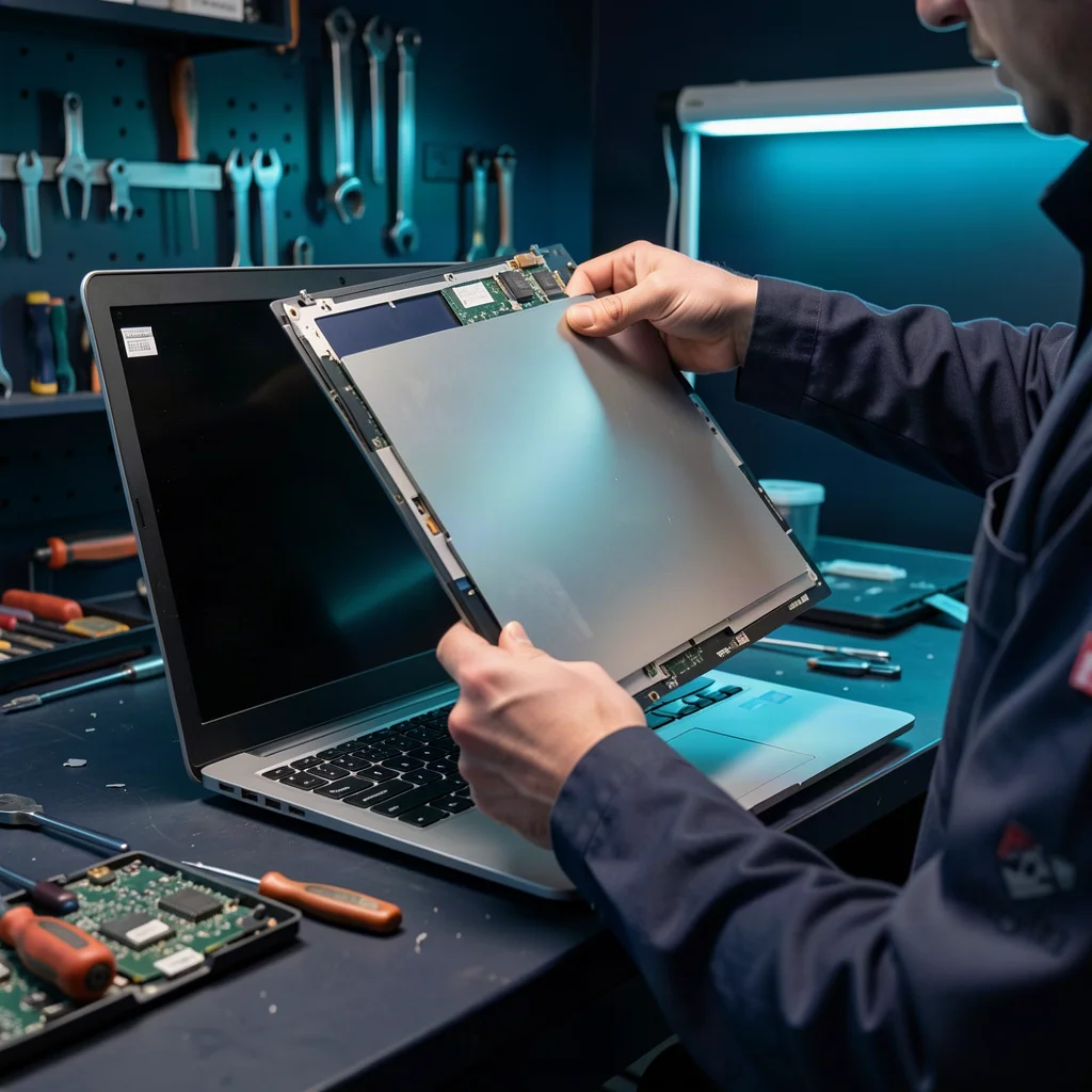Hitech technician replacing a laptop screen with a new display panel