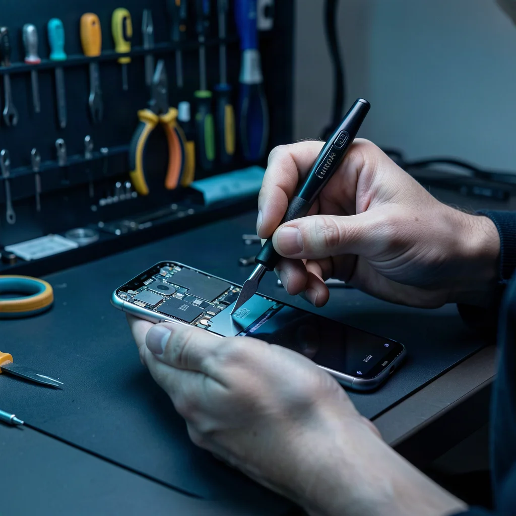 Hitech phone repair specialist working on a smartphone with precision tools