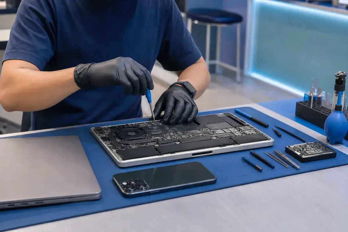 Technician repairing devices at Hitech serving Holland Village area