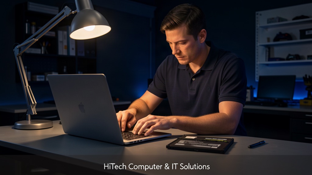 Laptop battery replacement in Singapore -- HiTech Computer technician replacing laptop battery