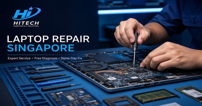 Technician repairing a laptop motherboard at our Singapore workshop