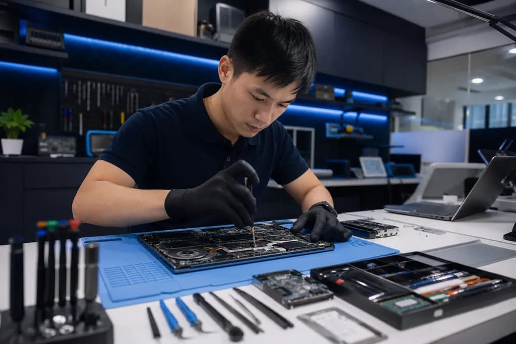 Laptop repair Singapore -- technician at workbench