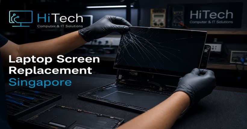 Laptop screen replacement cost Singapore -- HiTech Computer technician replacing a laptop display