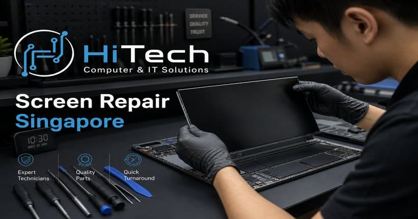 Laptop screen repair technician at HiTech Computer Singapore — replacing a damaged LCD panel