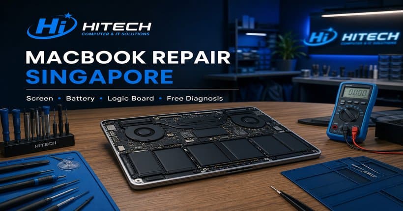 Technician repairing a MacBook logic board at our Singapore workshop