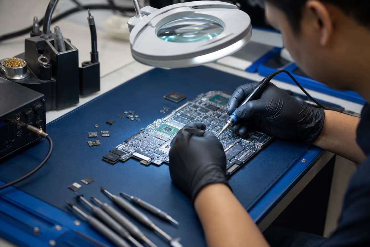 Technician performing micro-soldering on a laptop motherboard at our Singapore workshop