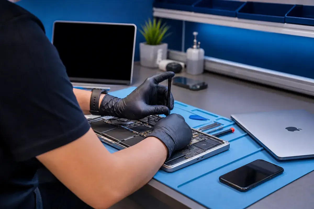 Technician repairing devices at Hitech serving Newton area