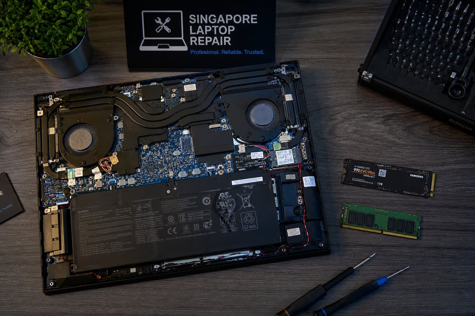 Technician upgrading laptop with SSD and RAM at Hitech Singapore workshop
